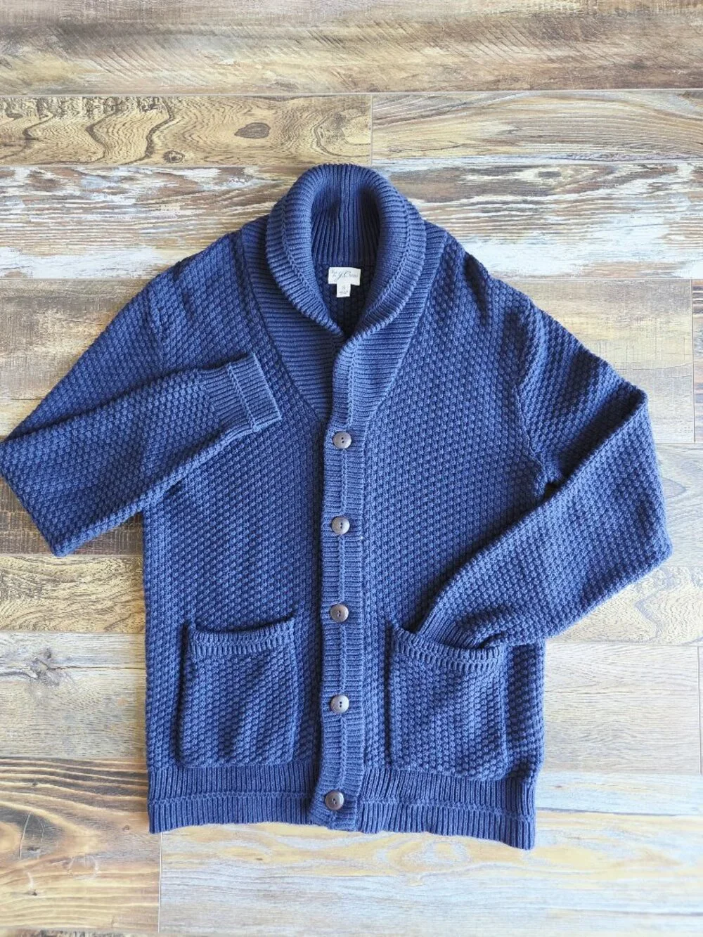 J.Crew Checker-Stitch Cotton Shawl Cardigan Button Pocket Navy  #BI890